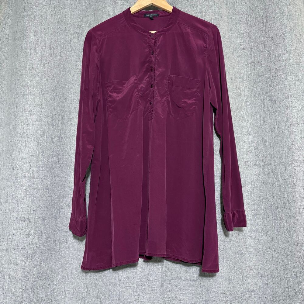 Eileen Fisher Silk Top Women Medium Red Maroon 100% Silk Button Up Collar